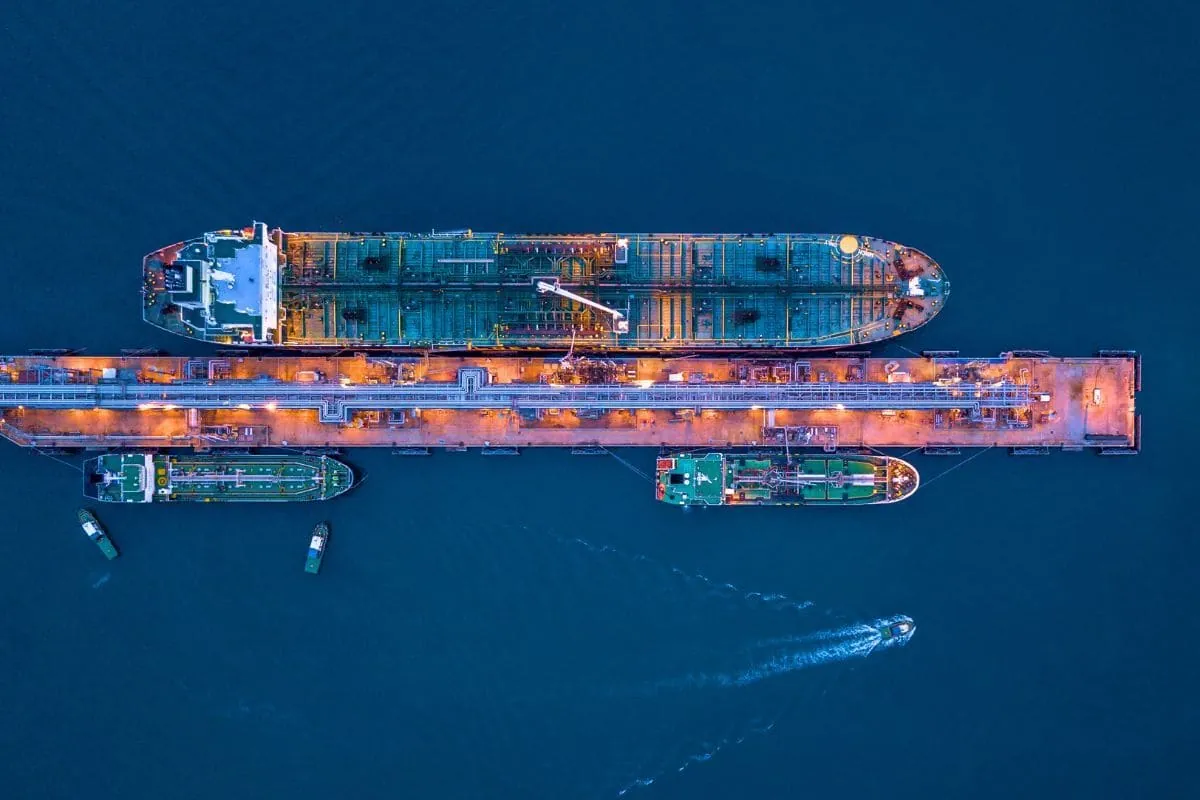 Aerial view of tankers berthed at an oil jetty