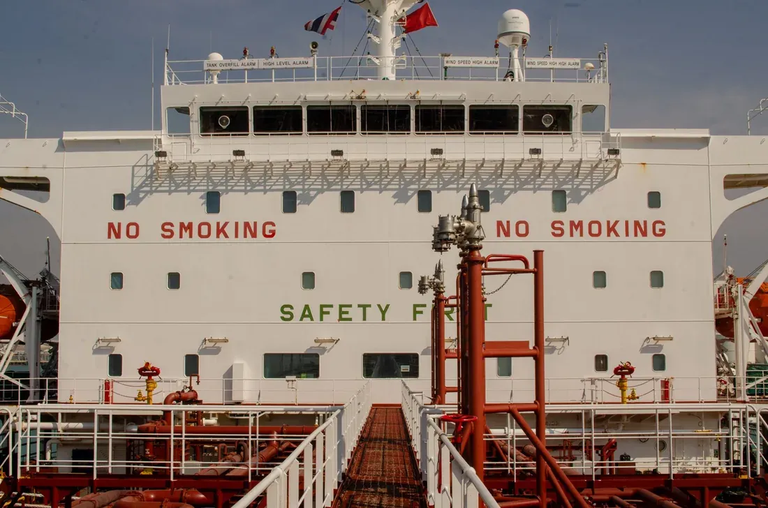 Safety signage on a tanker's superstructure